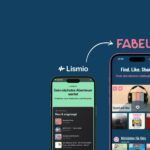 Lismio- und Fabely-Logo mit Pfeil, darunter die Startseiten beider Apps auf Smartphones